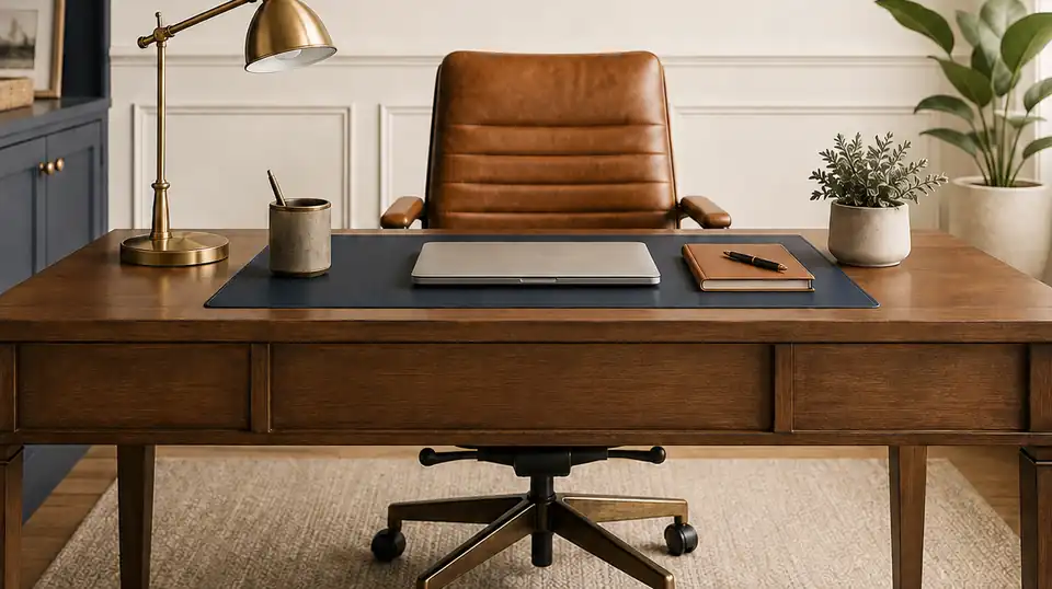 A private office in Carlton Landing: wooden desk, leather chair, brass lamp